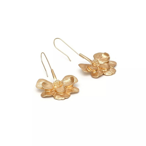 2/$25 Gold Textured Flower Threader Drop Earrings - Picture 2 of 3